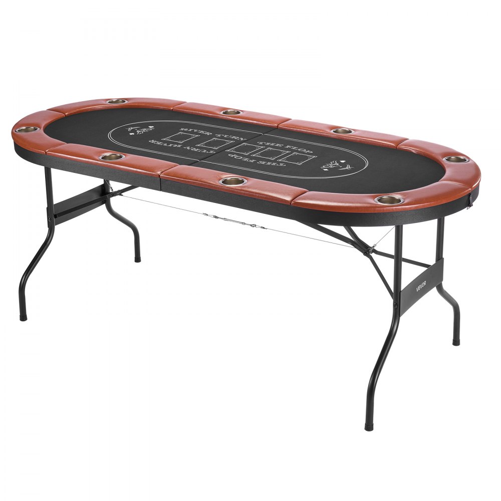 VEVOR Foldable Poker Table, 8 Player 1828.8 mm Folding Casino Leisure Table with Padded Rails & Cup Holders, Oval Portable Game Tables with Felt & Metal Legs, for Texas Hold'em Game and Blackjack