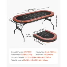 8 Player Oval Foldable Poker Table Casino Blackjack Texas Holdem Table 72 in