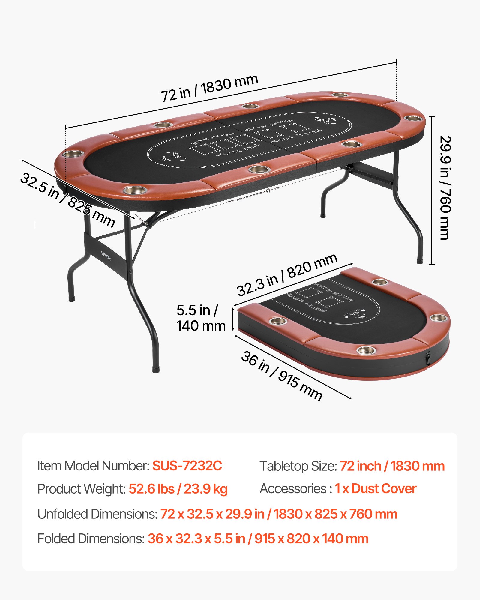VEVOR Foldable Poker Table, 8 Player 1828.8 mm Folding Casino Leisure Table with Padded Rails & Cup Holders, Oval Portable Game Tables with Felt & Metal Legs, for Texas Hold'em Game and Blackjack
