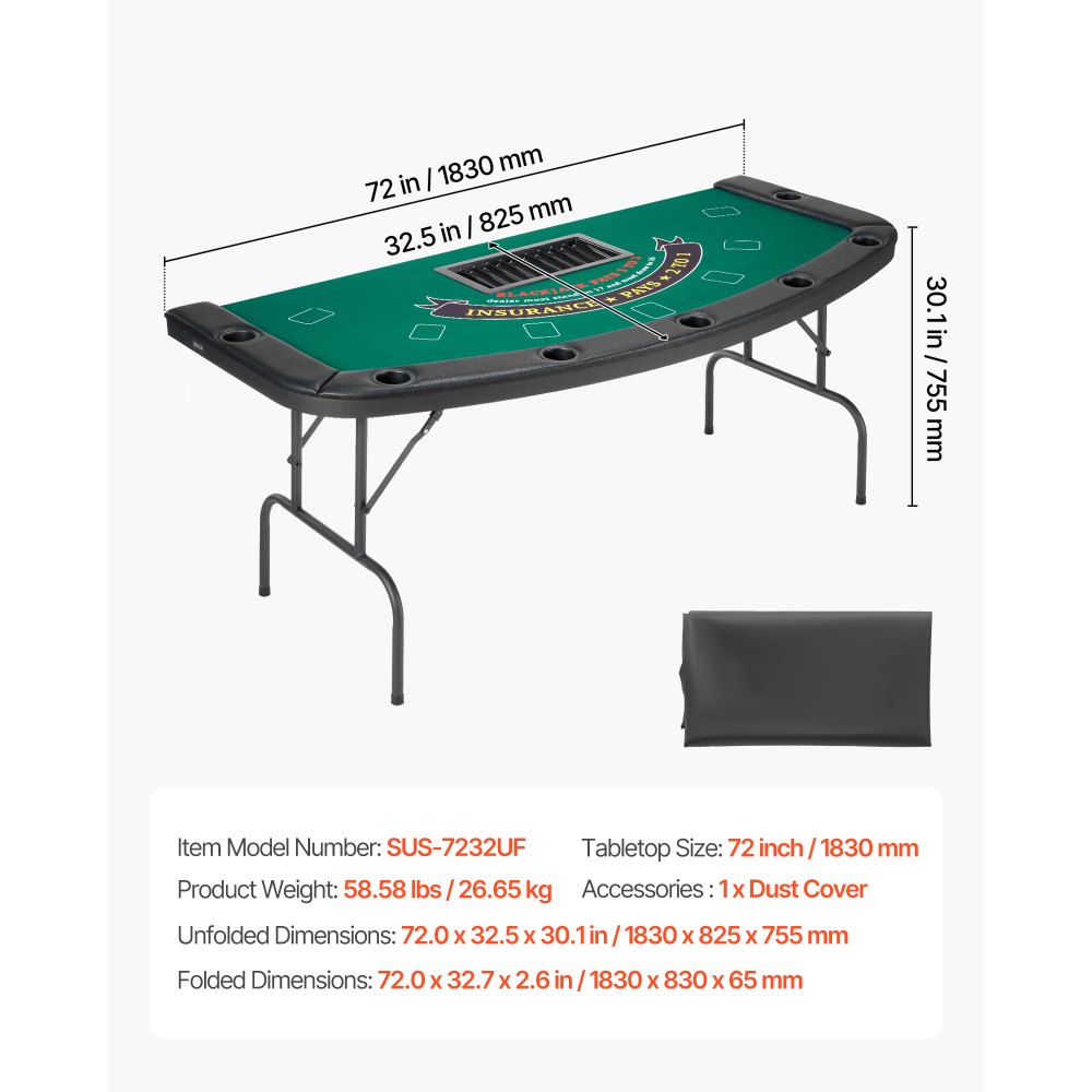 Mesa de póker plegable VEVOR, mesa de casino plegable de 72 pulgadas para 7 jugadores con rieles acolchados y portavasos, mesa de juego portátil semiovalada con patas de fieltro y metal, para Texas Hold'em y Blackjack