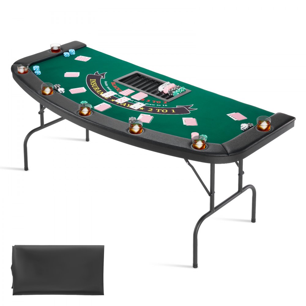 Mesa de póker plegable VEVOR, mesa de casino plegable de 72 pulgadas para 7 jugadores con rieles acolchados y portavasos, mesa de juego portátil semiovalada con patas de fieltro y metal, para Texas Hold'em y Blackjack