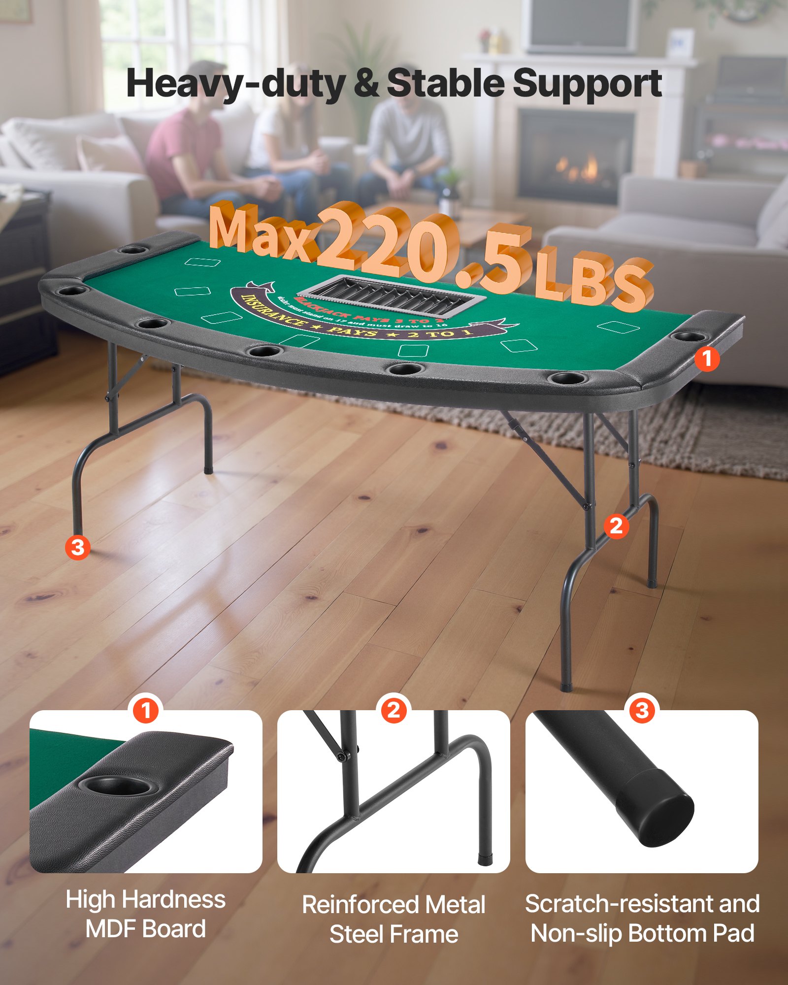 Mesa de póker plegable VEVOR, mesa de casino plegable de 72 pulgadas para 7 jugadores con rieles acolchados y portavasos, mesa de juego portátil semiovalada con patas de fieltro y metal, para Texas Hold'em y Blackjack