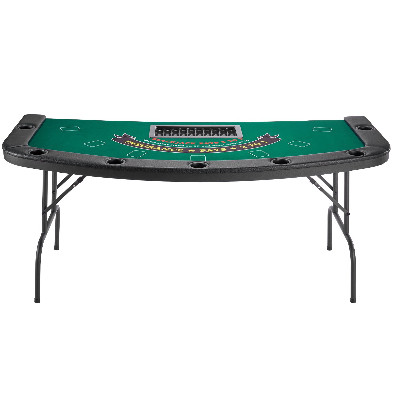 Mesa de póker plegable VEVOR, mesa de casino plegable de 72 pulgadas para 7 jugadores con rieles acolchados y portavasos, mesa de juego portátil semiovalada con patas de fieltro y metal, para Texas Hold'em y Blackjack