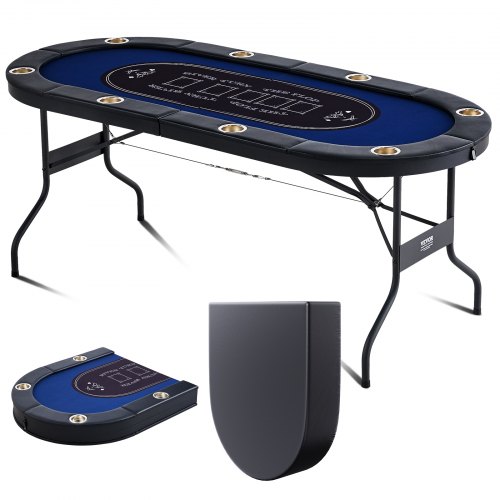 VEVOR 8 Player Foldable Poker Table, Blackjack Texas Holdem Poker Table with Padded Rails and Stainless Steel Cup Holders, Portable Folding Card Board Game Table,183cm Oval Casino Leisure Table, Blue