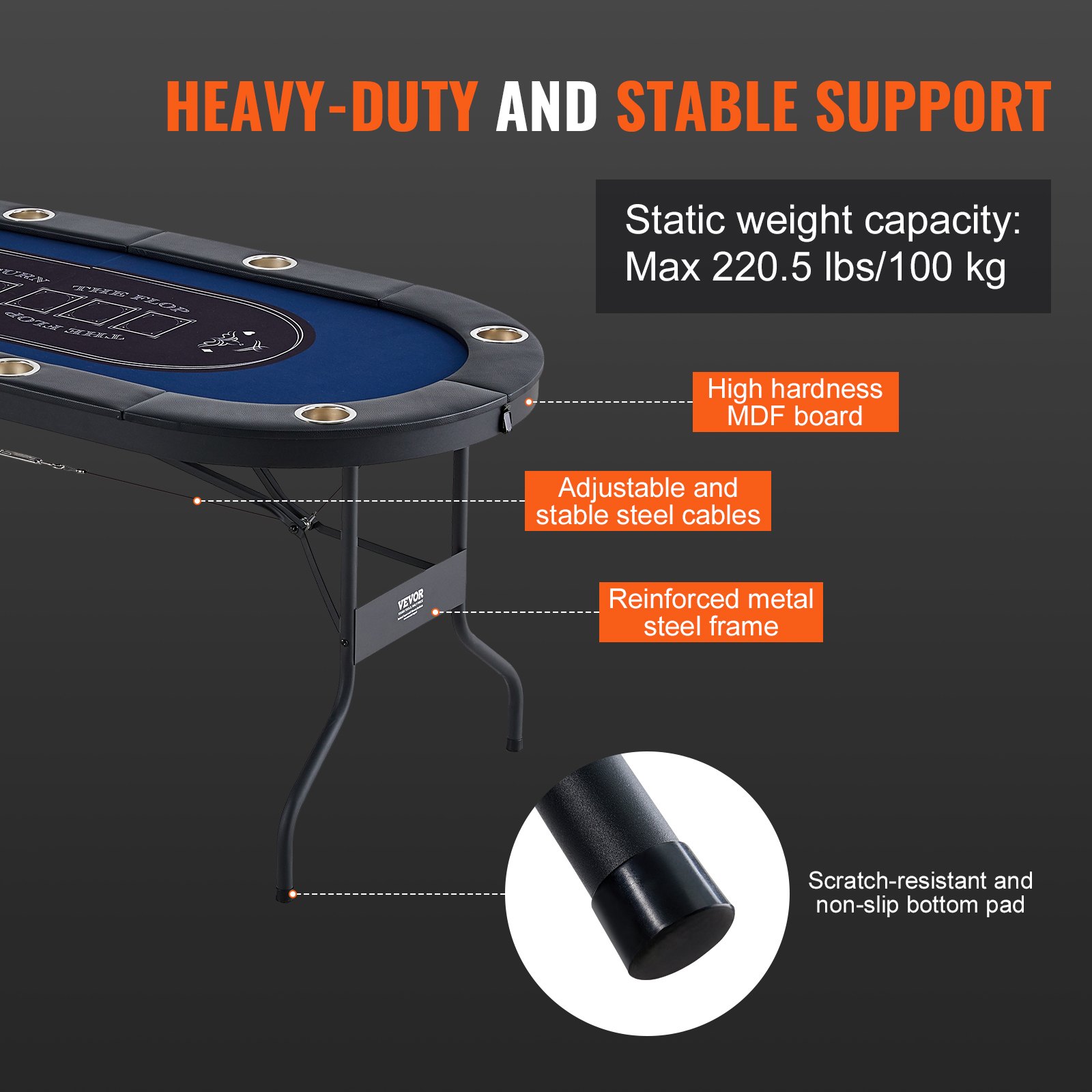 VEVOR 8 Player Foldable Poker Table, Blackjack Texas Holdem Poker Table with Padded Rails and Stainless Steel Cup Holders, Portable Folding Card Board Game Table, 72" Oval Casino Leisure Table