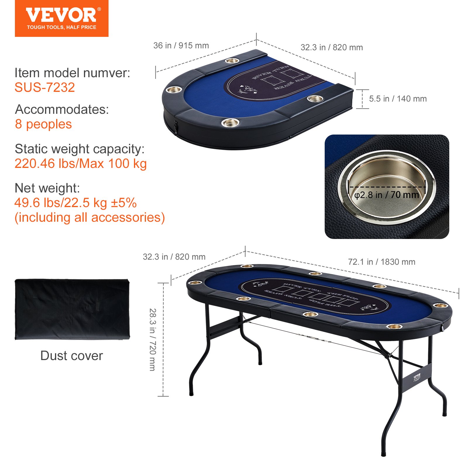 VEVOR 8 Player Foldable Poker Table, Blackjack Texas Holdem Poker Table with Padded Rails and Stainless Steel Cup Holders, Portable Folding Card Board Game Table, 72" Oval Casino Leisure Table