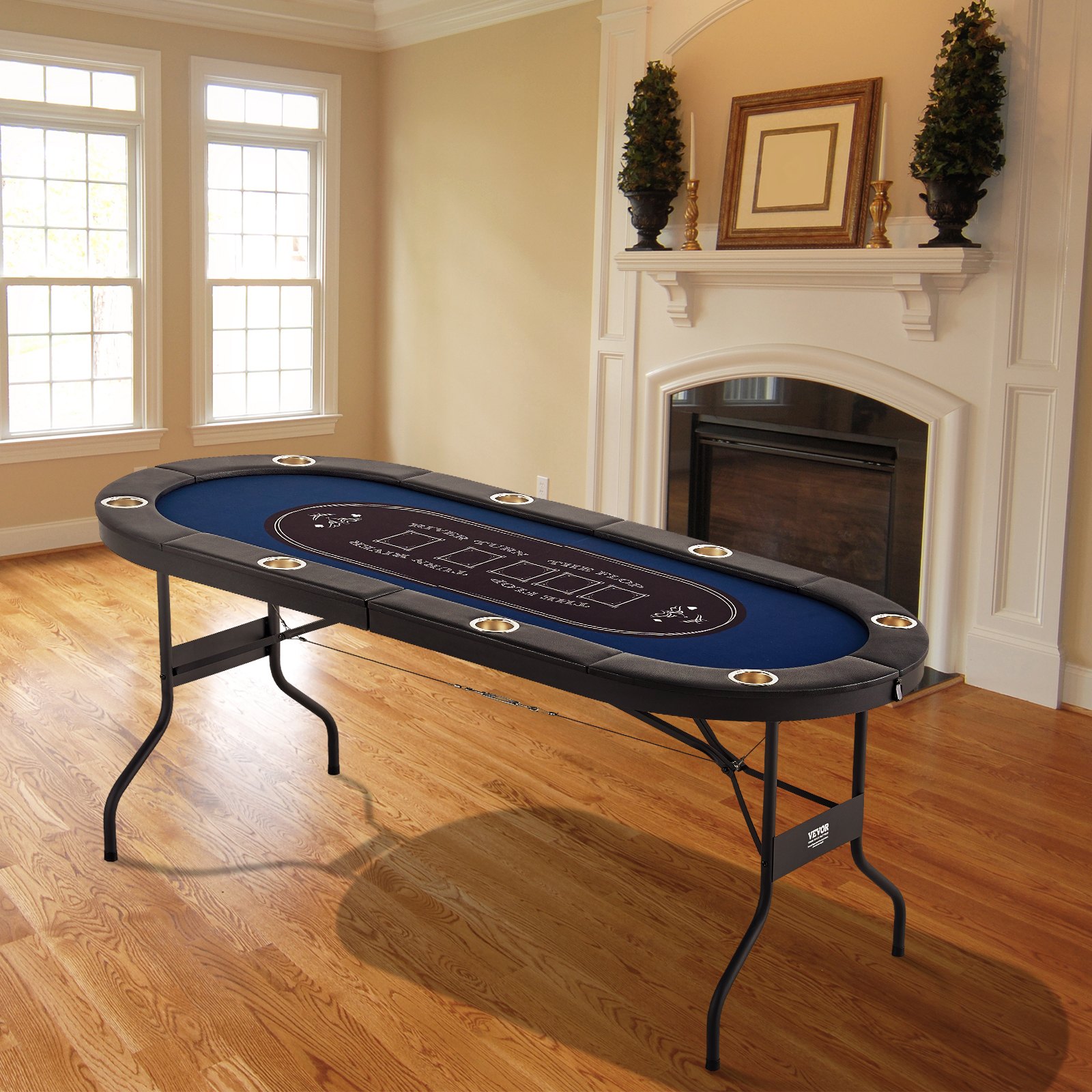 VEVOR 8 Player Foldable Poker Table, Blackjack Texas Holdem Poker Table with Padded Rails and Stainless Steel Cup Holders, Portable Folding Card Board Game Table, 72" Oval Casino Leisure Table