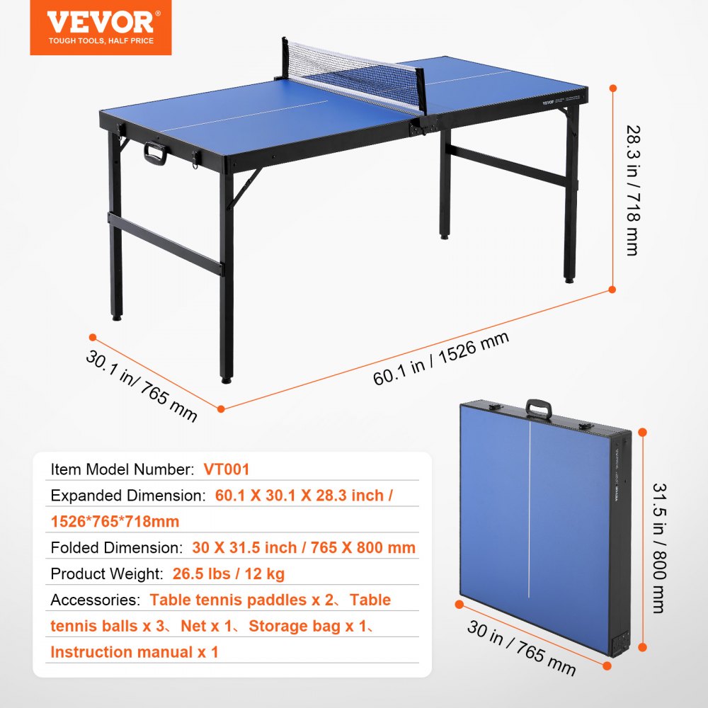 VEVOR Ping Pong Table, Mid-Size Table Tennis Game, Indoor MDF Table Tennis Table, Foldable Portable Complete Ping Pong Table Set with Net, 2 Paddles, 3 Balls, Carry Bag, Handle (No Assembly Required)