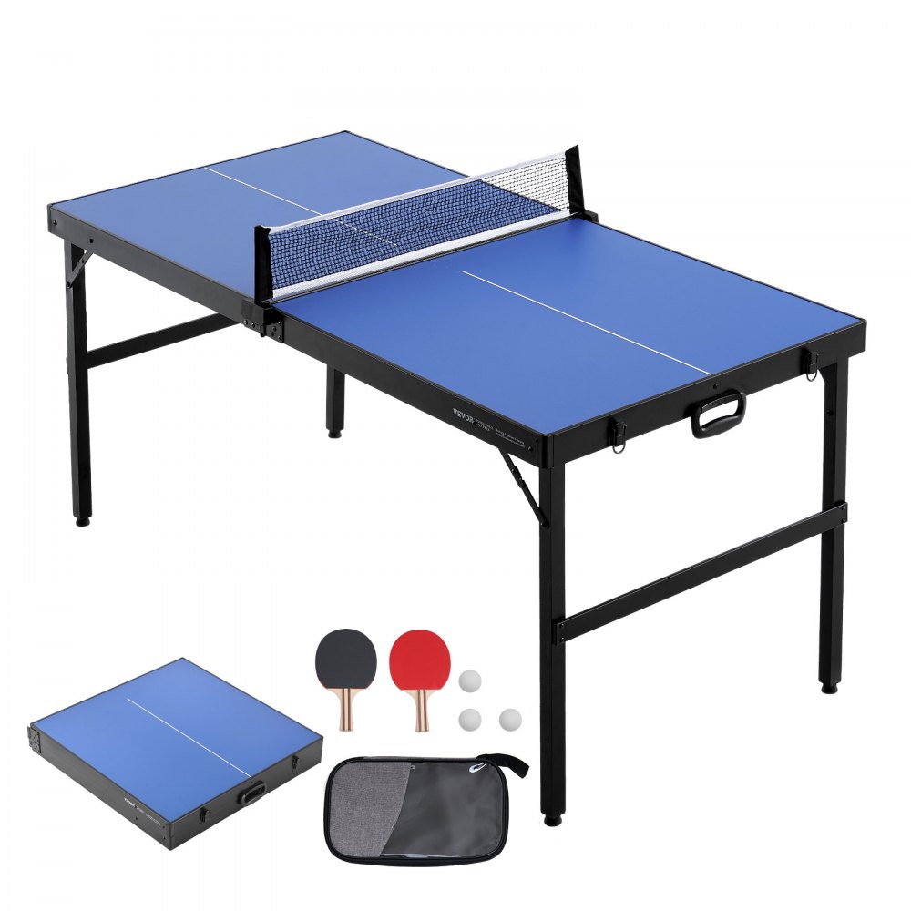 VEVOR Ping Pong Table, Mid-Size Table Tennis Game, Indoor MDF Table Tennis Table, Foldable Portable Complete Ping Pong Table Set with Net, 2 Paddles, 3 Balls, Carry Bag, Handle (No Assembly Required)