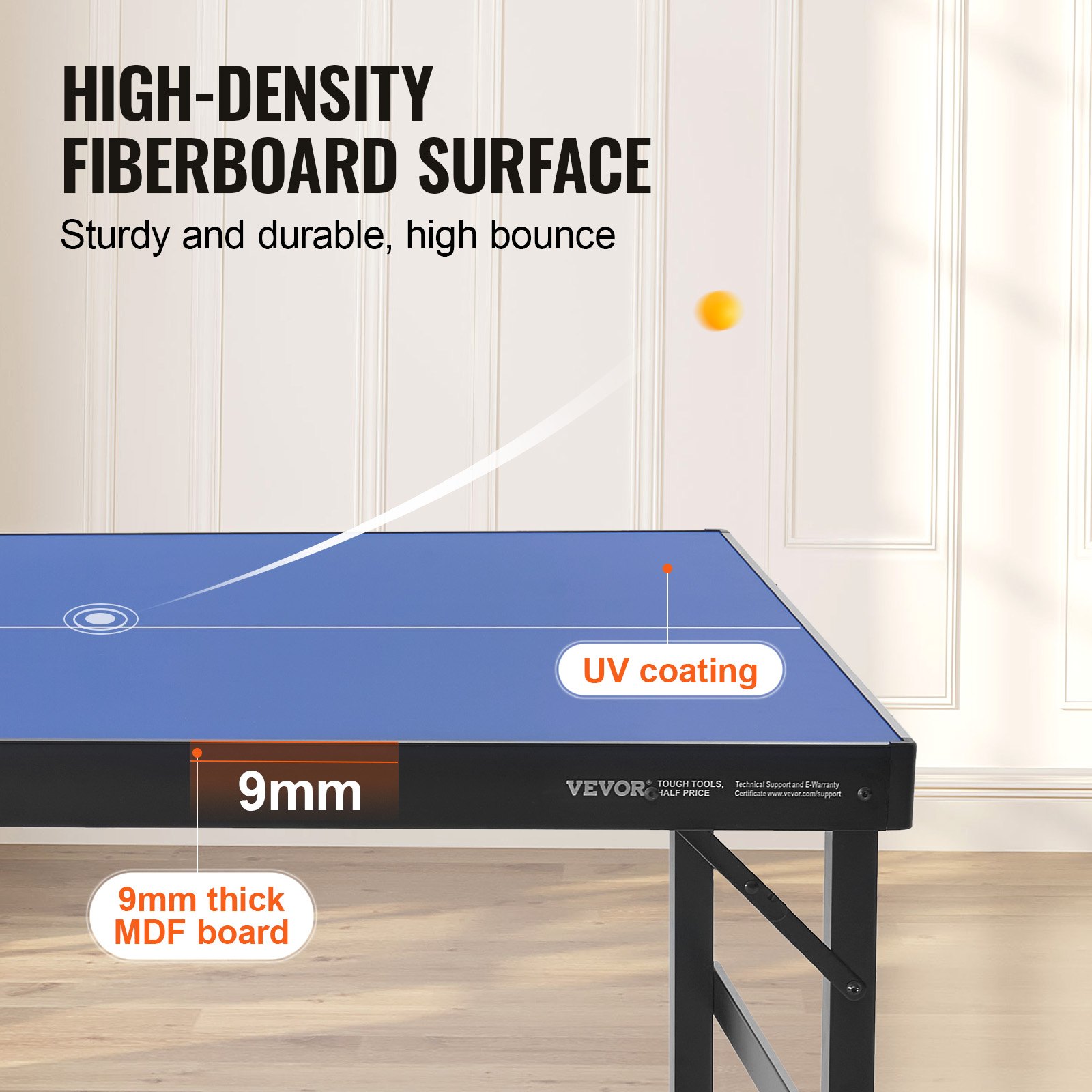 VEVOR Ping Pong Table, Mid-Size Table Tennis Game, Indoor MDF Table Tennis Table, Foldable Portable Complete Ping Pong Table Set with Net, 2 Paddles, 3 Balls, Carry Bag, Handle (No Assembly Required)