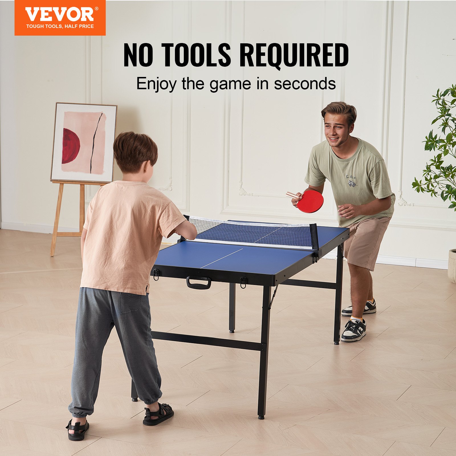 VEVOR Ping Pong Table, Mid-Size Table Tennis Game, Indoor MDF Table Tennis Table, Foldable Portable Complete Ping Pong Table Set with Net, 2 Paddles, 3 Balls, Carry Bag, Handle (No Assembly Required)
