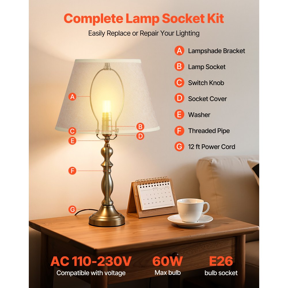 VEVOR Lamp Rewire Kit, E26 Lamp Socket with 12 ft Matching Cord, Antique Bronze Finish, Lamps Making Kit with All Essential Hardware, Light Wiring Kits for Table & Floor Lamps, DIY Rewire or Repair