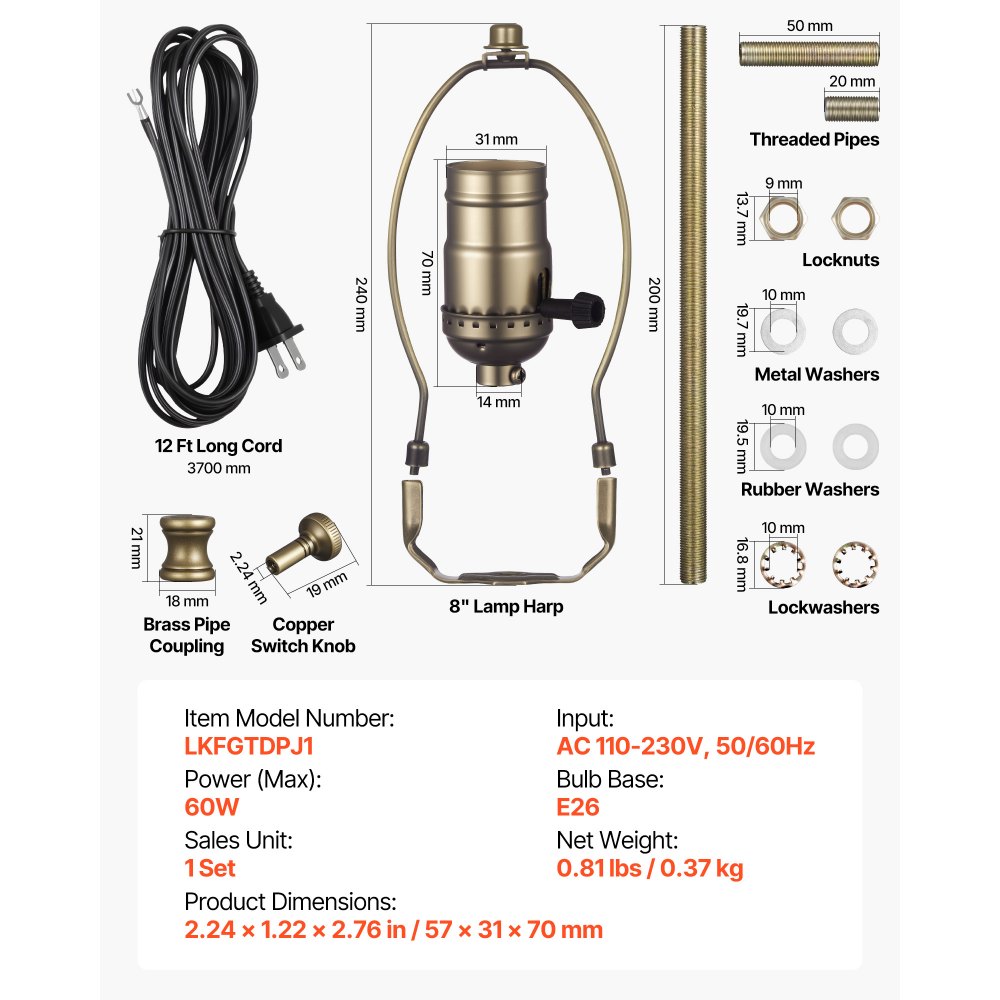 VEVOR Lamp Rewire Kit, E26 Lamp Socket with 12 ft Matching Cord, Antique Bronze Finish, Lamps Making Kit with All Essential Hardware, Light Wiring Kits for Table & Floor Lamps, DIY Rewire or Repair