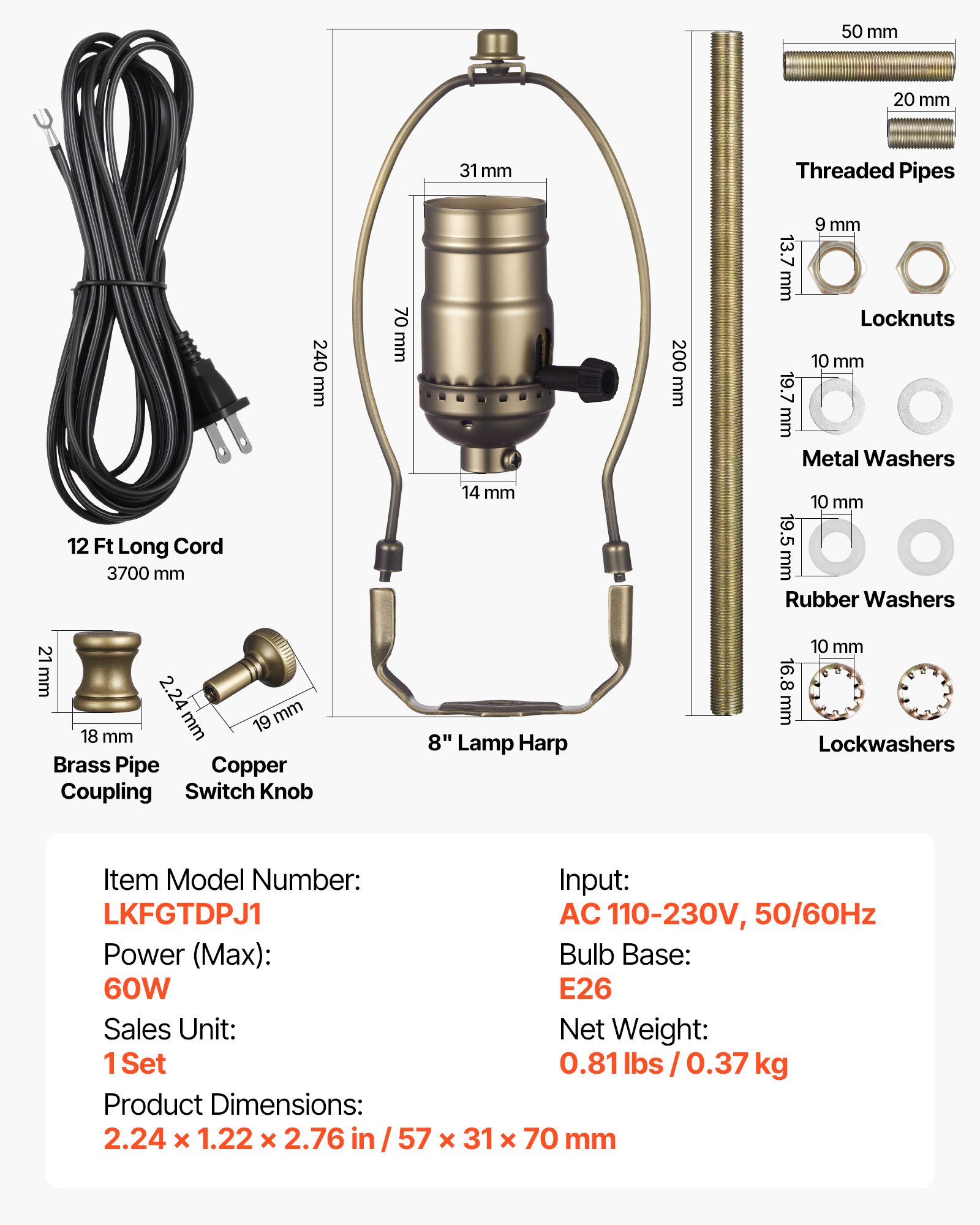 VEVOR Lamp Rewire Kit, E26 Lamp Socket with 12 ft Matching Cord, Antique Bronze Finish, Lamps Making Kit with All Essential Hardware, Light Wiring Kits for Table & Floor Lamps, DIY Rewire or Repair