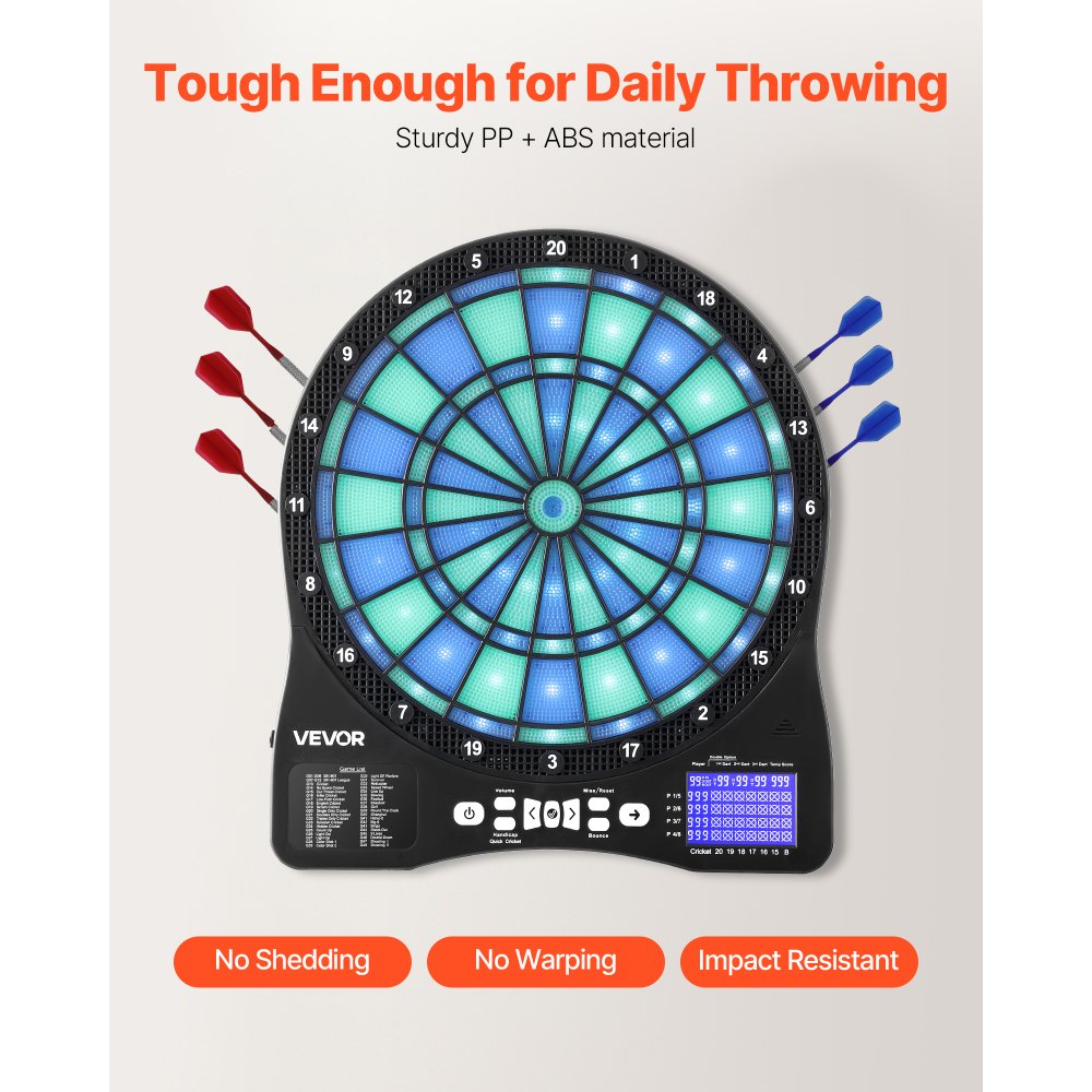 VEVOR Electronic Dart Board, LED-Illuminated Target Dartboard with 48 Games & 500+ Variations, Includes 6 Dart Shafts with Flights & 50 Soft Tips, Cricket Scoring LCD Screen - Supports Up to 8 Players