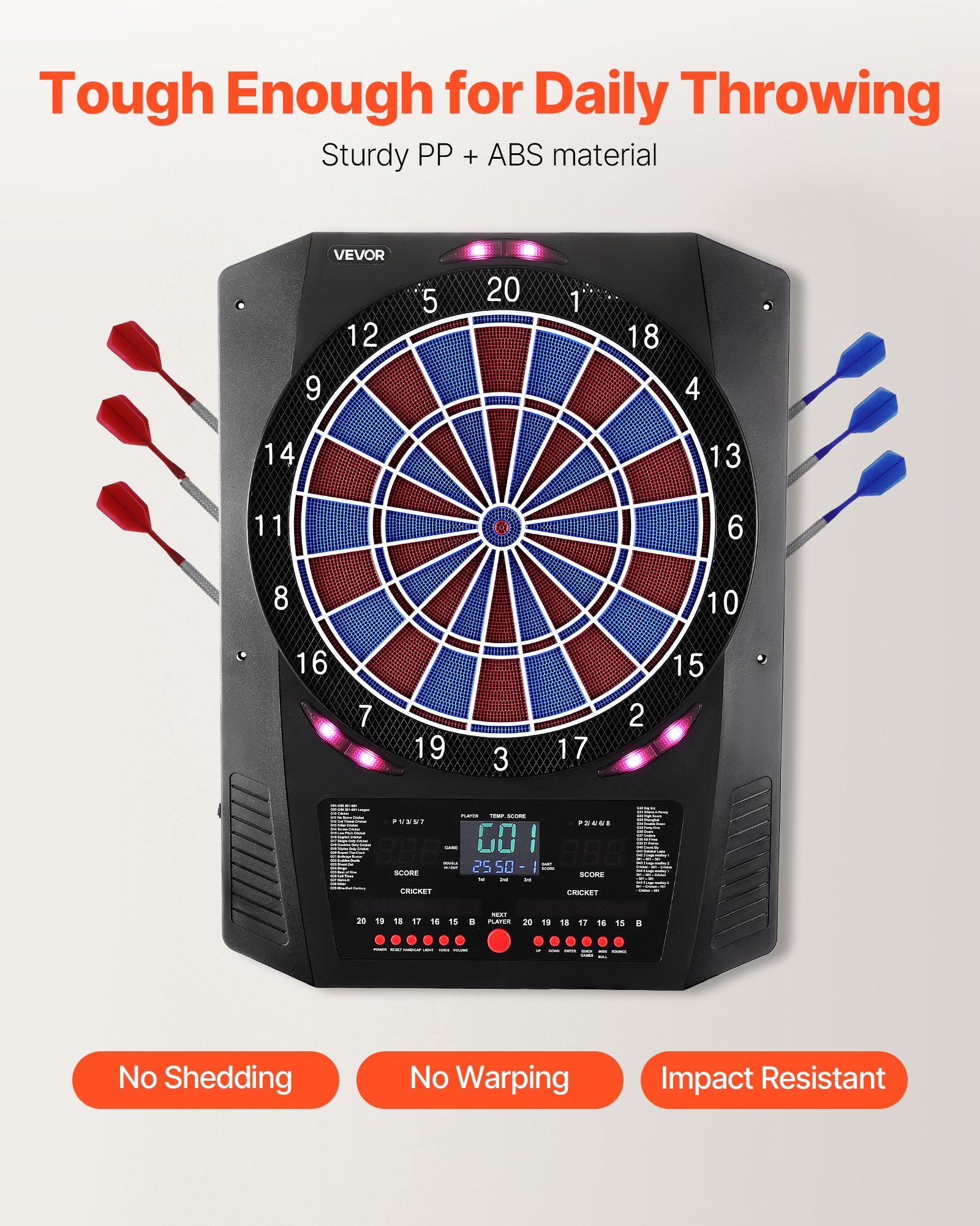 Diana electrónica VEVOR de 13,5" con 45 juegos y 474 variantes para hasta 8 jugadores, 6 varillas con plumas y 50 puntas blandas, pantalla LED a color para críquet, ideal para fiestas en casa o bares.