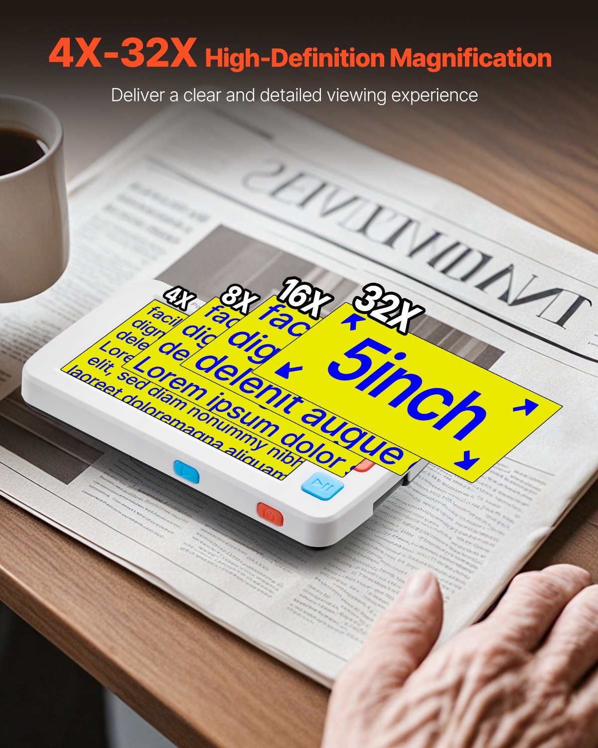 Přenosná digitální lupa VEVOR, 127mm HD elektronická video lupa pro nízkou verzi, elektronická čtecí pomůcka se 4X - 32X zoomem, 17barevným režimem, AV výstupem, sklopnou rukojetí a 5úrovňovým jasem obrazovky