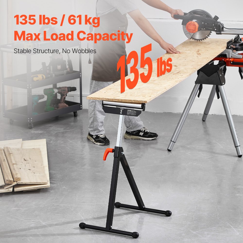 VEVOR 2-Pack Roller Stands, 61 kg / 135 lb Load Capacity, 26.8-42.5" Adjustable Height, Folding Heavy Duty Design with 11.5 in Polished Steel Roller Head, for Table Saw Outfeed Woodworking Extension Support