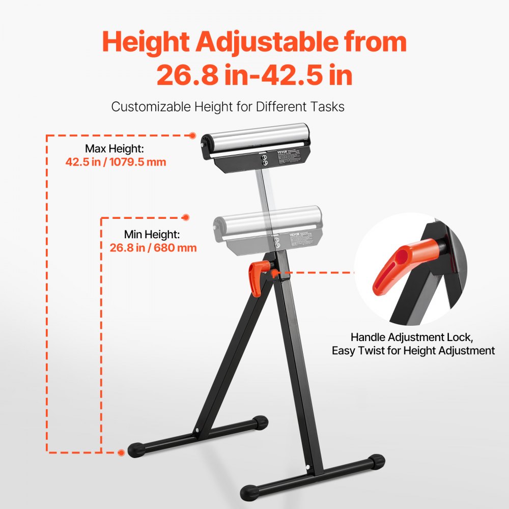 VEVOR 2-Pack Roller Stands, 61 kg / 135 lb Load Capacity, 26.8-42.5" Adjustable Height, Folding Heavy Duty Design with 11.5 in Polished Steel Roller Head, for Table Saw Outfeed Woodworking Extension Support