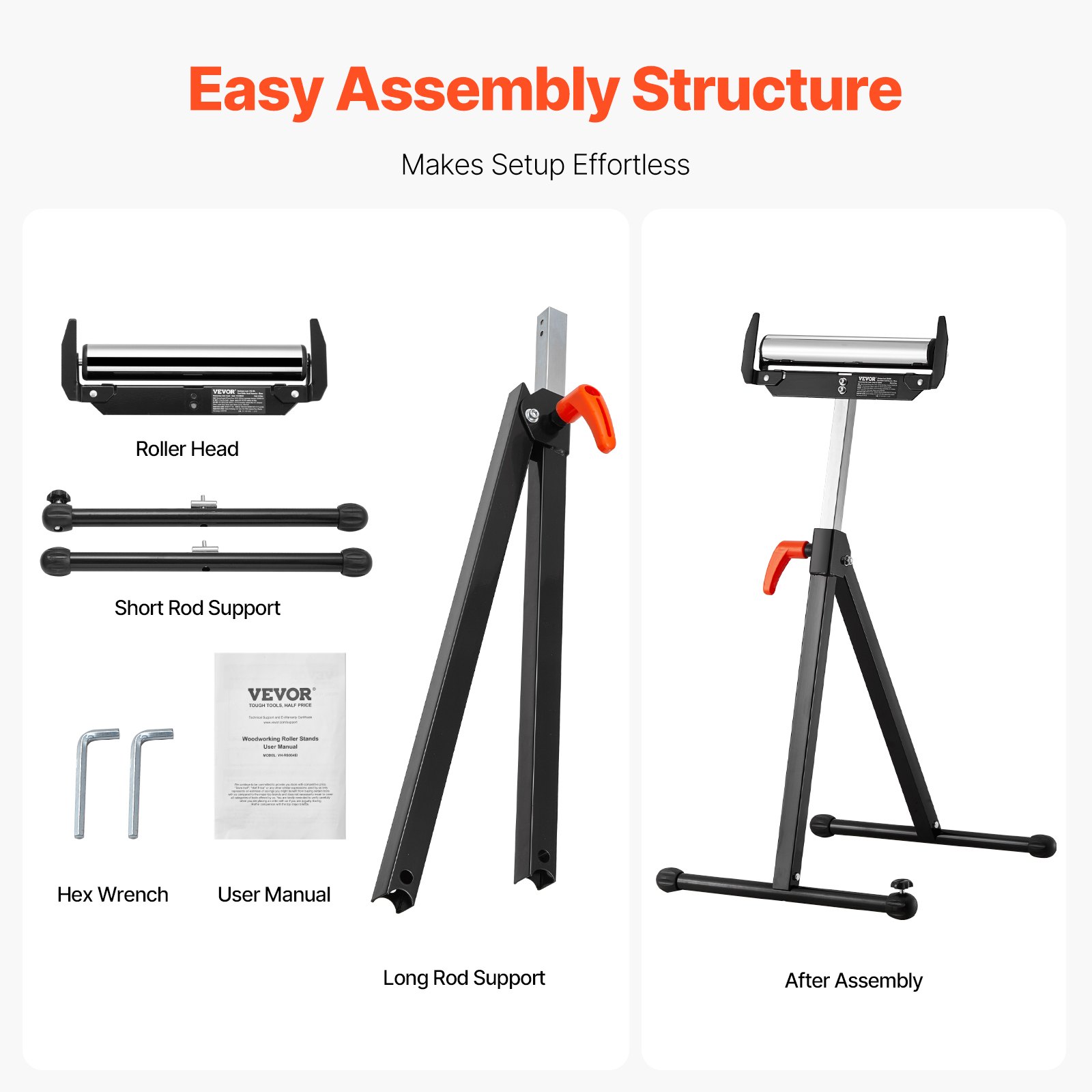 VEVOR 2-Pack Roller Stands, 113 kg/250 lbs Load Capacity, 686mm-1092mm / 27-43 in Adjustable Height, Folding Heavy Duty with Polished Steel Roller Head & Edge Guides, for Table Saw Outfeed Woodworking Extension Support