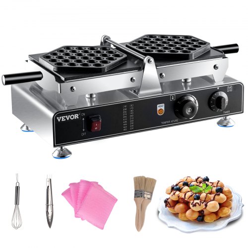 VEVOR Bubble Waffle Maker, 110V Electric Egg Waffle Maker, 1500W Hong Kong Egg Puff Machine w/2 Reversible Pans, Commercial Bubble Waffle Machine w/Non-Stick Teflon Coating, 122-572℉ Omelette Maker