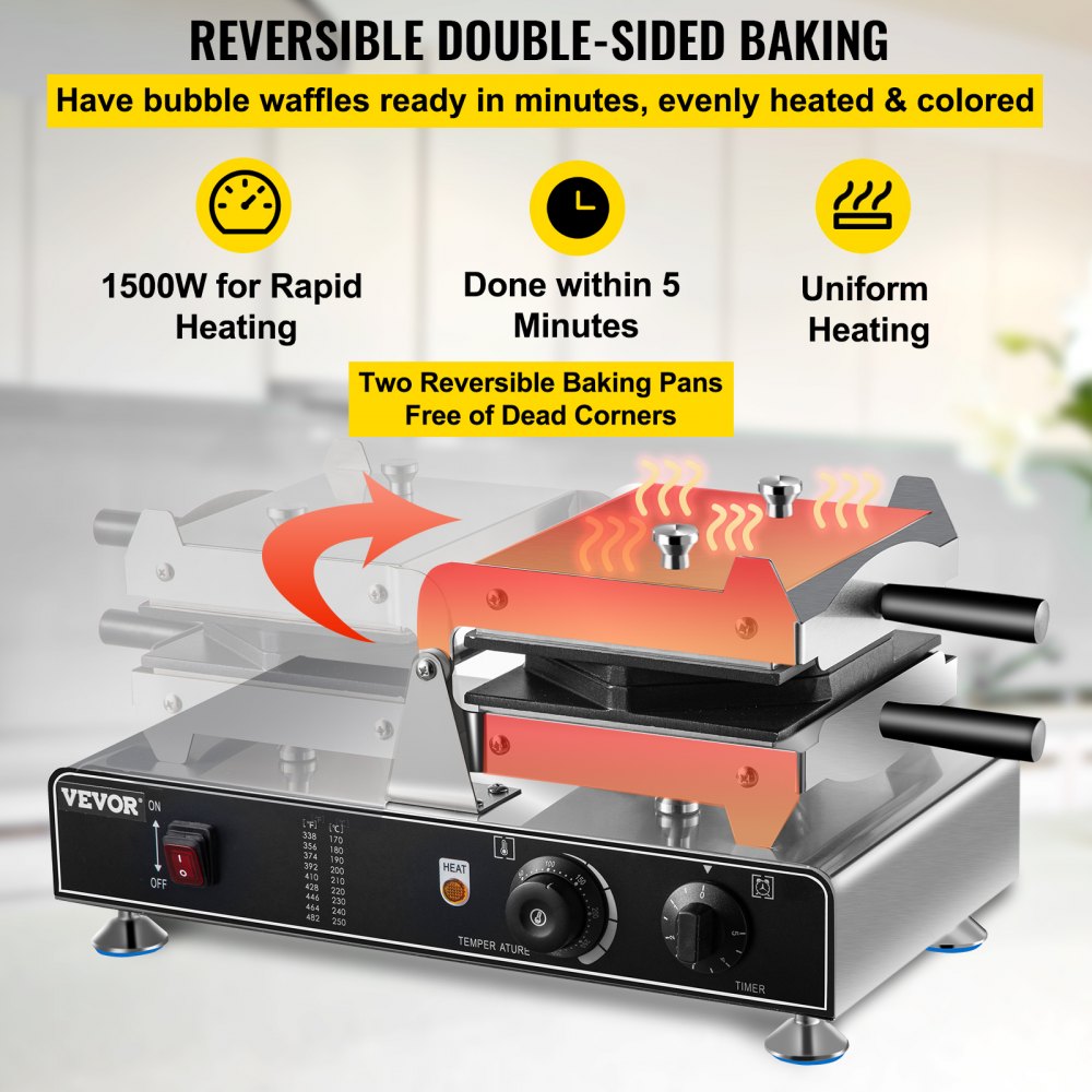 VEVOR Bubble Waffle Maker, 110V Electric Egg Waffle Maker, 1500W Hong Kong Egg Puff Machine w/2 Reversible Pans, Commercial Bubble Waffle Machine w/Non-Stick Teflon Coating, 122-572℉ Omelette Maker
