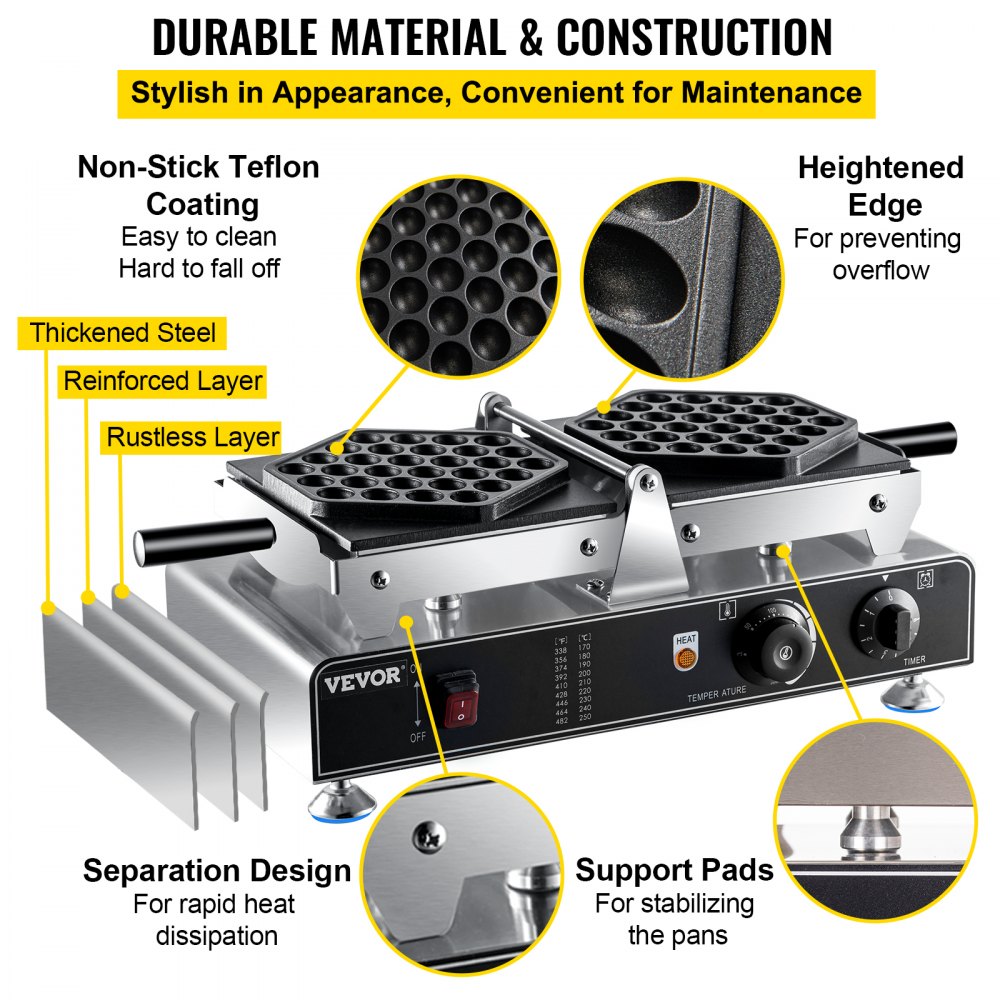 VEVOR Bubble Waffle Maker, 110V Electric Egg Waffle Maker, 1500W Hong Kong Egg Puff Machine w/2 Reversible Pans, Commercial Bubble Waffle Machine w/Non-Stick Teflon Coating, 122-572℉ Omelette Maker