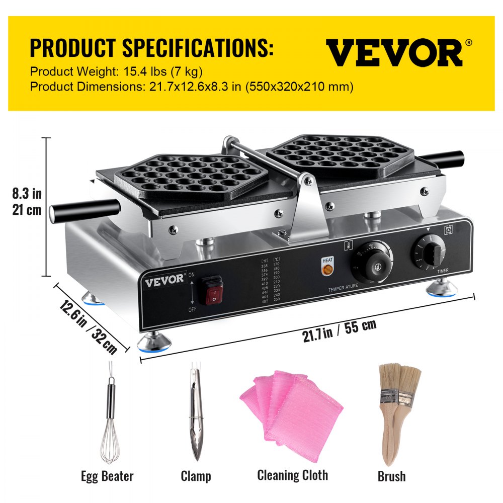 VEVOR Bubble Waffle Maker, 110V Electric Egg Waffle Maker, 1500W Hong Kong Egg Puff Machine w/2 Reversible Pans, Commercial Bubble Waffle Machine w/Non-Stick Teflon Coating, 122-572℉ Omelette Maker