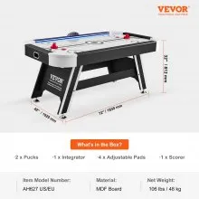 VEVOR Air-Powered Hockey Table, 72" Indoor Hockey Table for Kids and Adults, LED Sports Hockey Game with 2 Pucks, 2 Pushers, and Electronic Score System, Arcade Gaming Set for Game Room Family Home