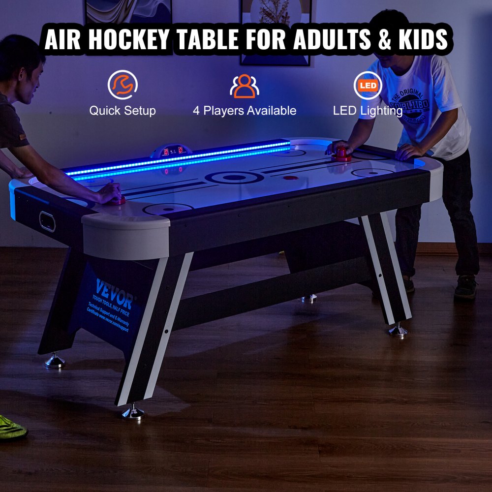 VEVOR Air-Powered Hockey Table, Indoor Hockey Table for Kids and Adults, LED Sports Hockey Game with 2 Pucks, 2 Pushers, and Electronic Score System, Arcade Gaming Set for Game Room Family Home