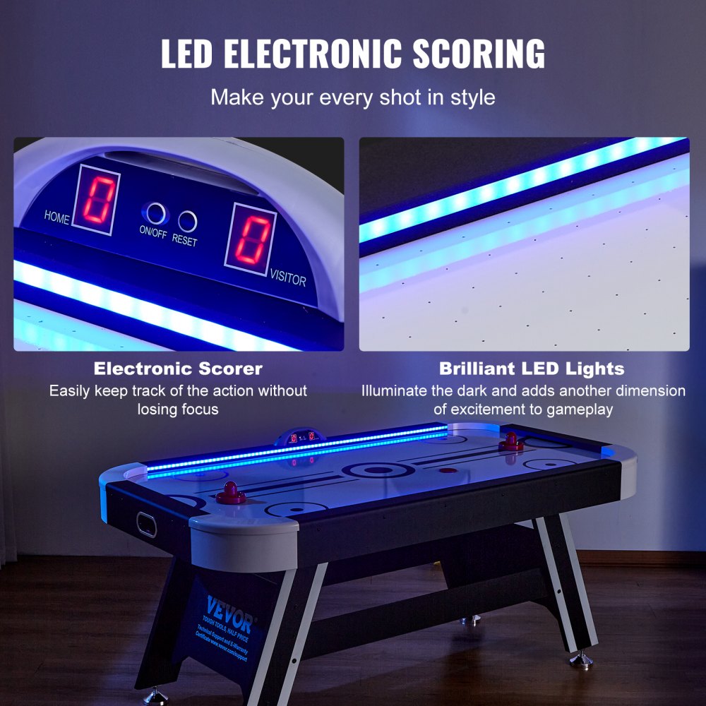 VEVOR Air-Powered Hockey Table, Indoor Hockey Table for Kids and Adults, LED Sports Hockey Game with 2 Pucks, 2 Pushers, and Electronic Score System, Arcade Gaming Set for Game Room Family Home