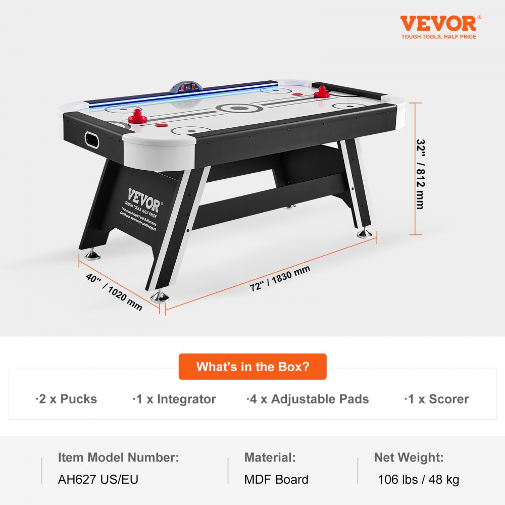 VEVOR Air-Powered Hockey Table, Indoor Hockey Table for Kids and Adults, LED Sports Hockey Game with 2 Pucks, 2 Pushers, and Electronic Score System, Arcade Gaming Set for Game Room Family Home