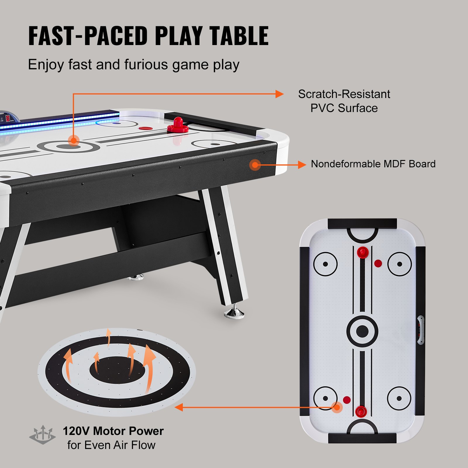 VEVOR Air-Powered Hockey Table, Indoor Hockey Table for Kids and Adults, LED Sports Hockey Game with 2 Pucks, 2 Pushers, and Electronic Score System, Arcade Gaming Set for Game Room Family Home