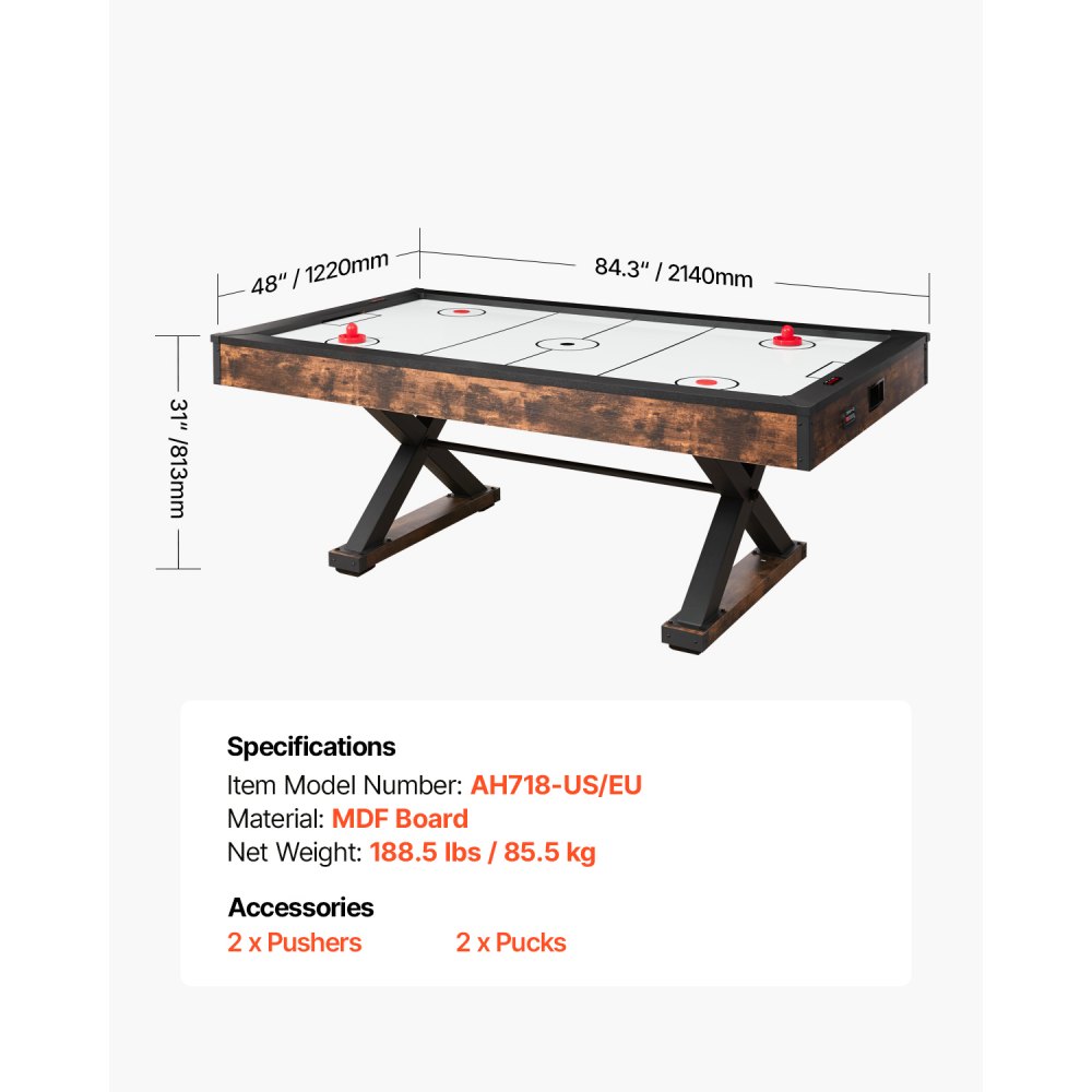 VEVOR 84" Air Hockey Table, Indoor Arcade Table Gaming Set with 2 Pushers, 2 Pucks, Electronic Scorer, X-shaped Legs & High-powered Blower, Air Powered Hockey Game Table for Family Game Room Office