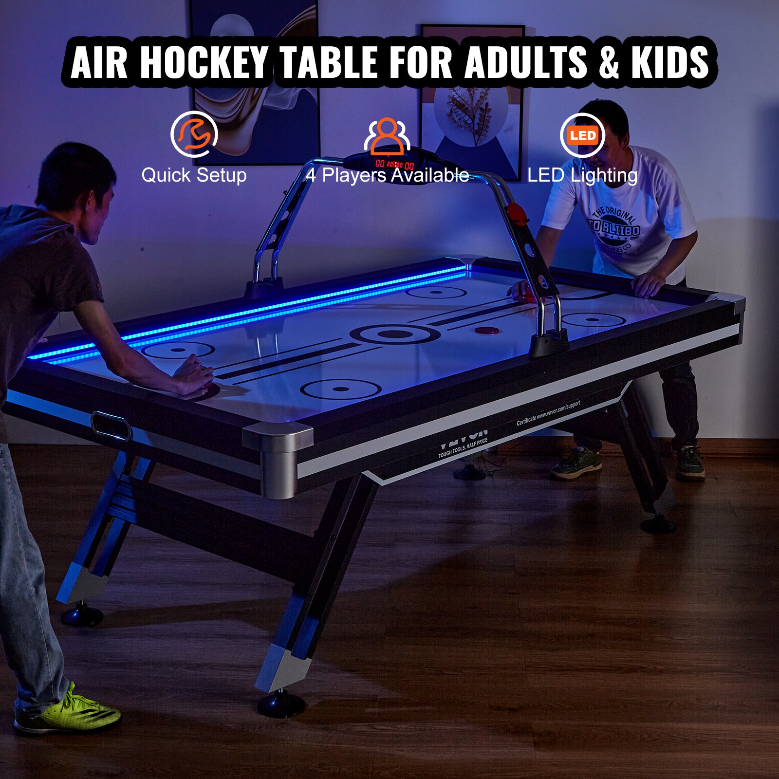 VEVOR Air-Powered Hockey Table, Indoor Hockey Table for Kids and Adults, LED Sports Hockey Game with 2 Pucks, 2 Pushers, and Electronic Score System, Arcade Gaming Set for Game Room Family Home