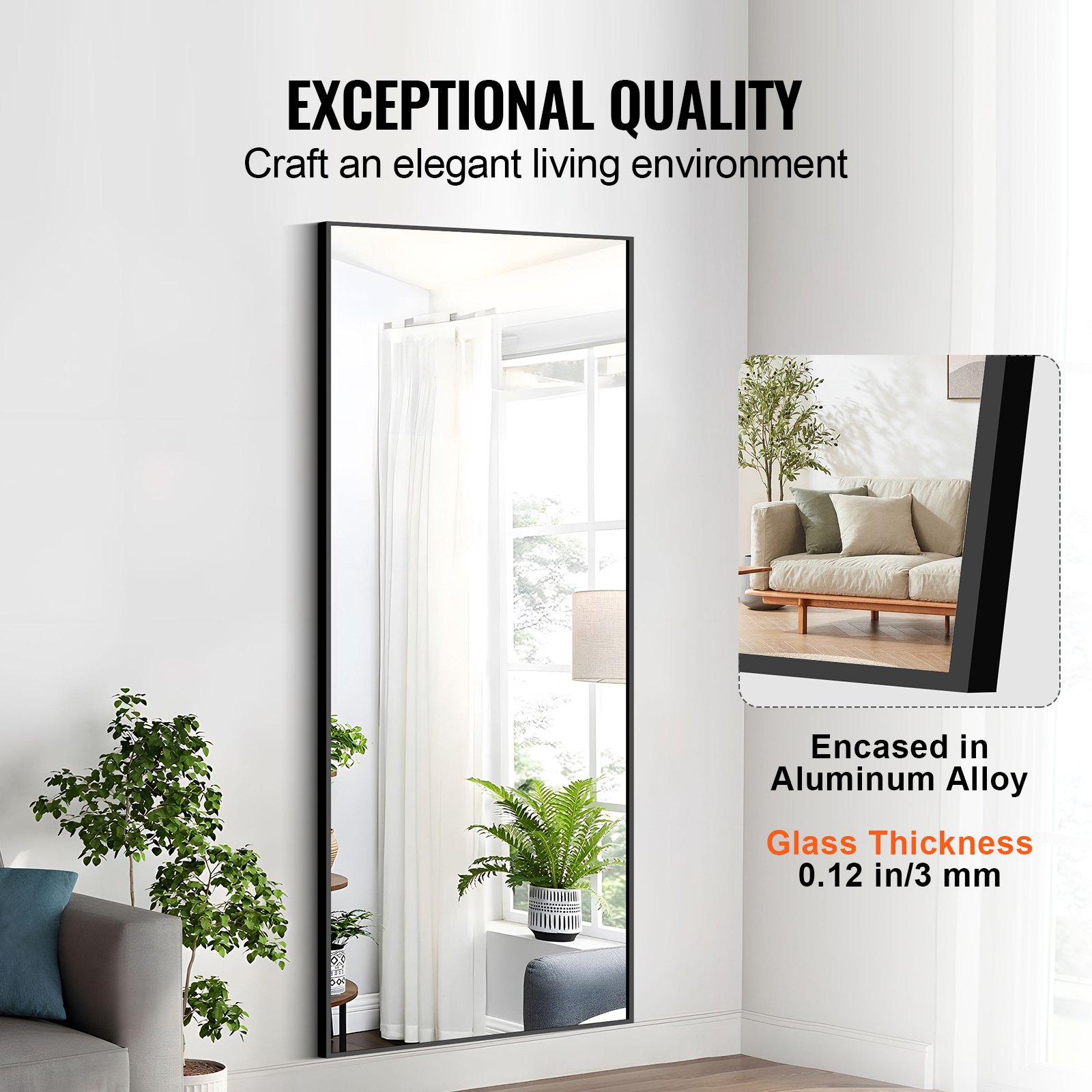 VEVOR Full Length Mirror, 1800x785 mm, Extra Large Standing Hanging or Leaning Rectangle Floor Tempered Mirror with Stand Aluminum Alloy Frame, Full Body Dressing Mirror for Living Room Bedroom, Black