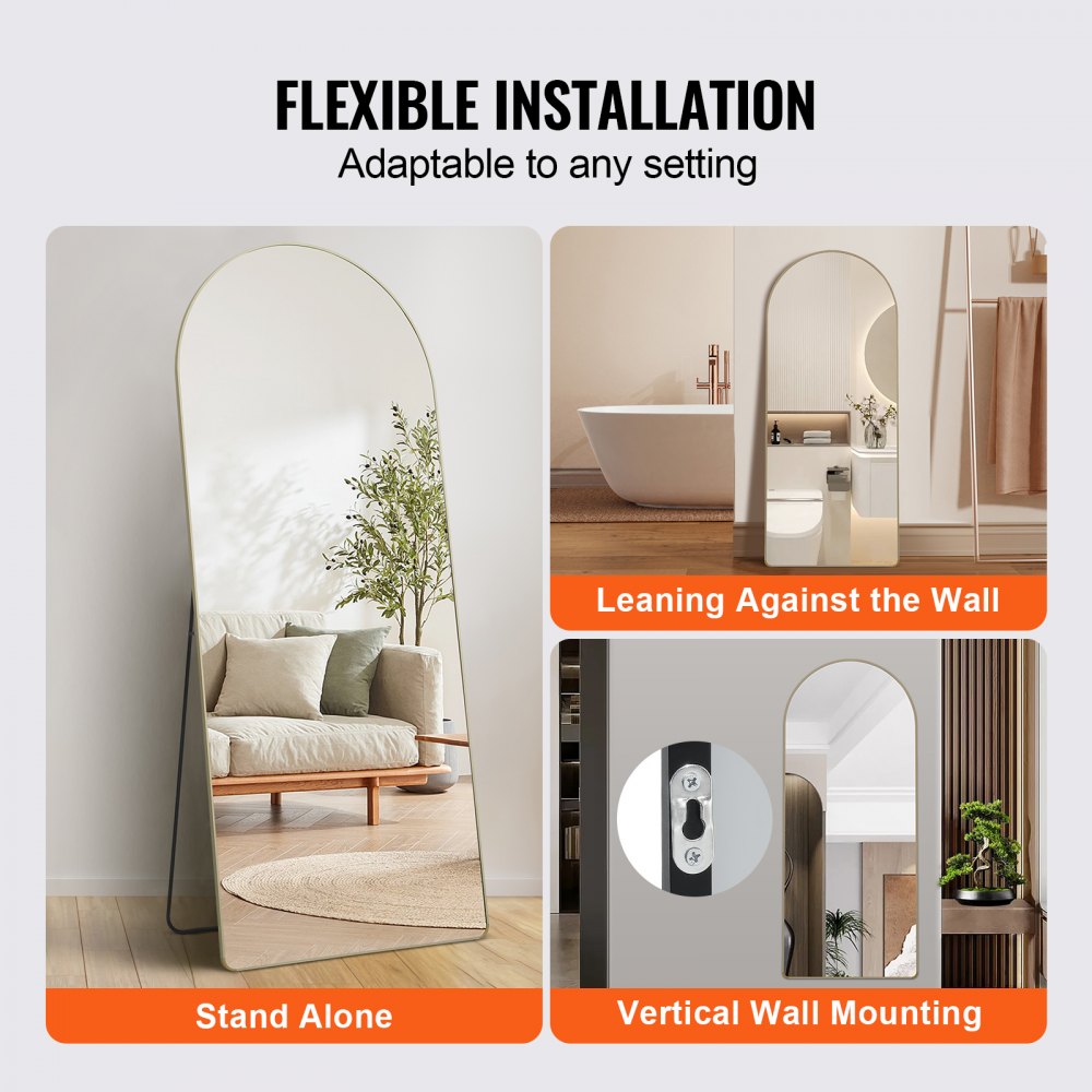VEVOR Arched Full Length Mirror, 1800 x 760 mm, Large Free Standing Leaning Hanging Wall Mounted Floor Mirror with Stand Aluminum Alloy Frame, Full Body Dressing Mirror for Living Room Bedroom, Black