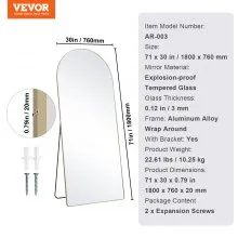 VEVOR Espejo de cuerpo entero arqueado, 71'' x 30'', espejo de pie grande para colgar en la pared con marco de aleación de aluminio, espejo de tocador de cuerpo entero para sala de estar y dormitorio, color negro