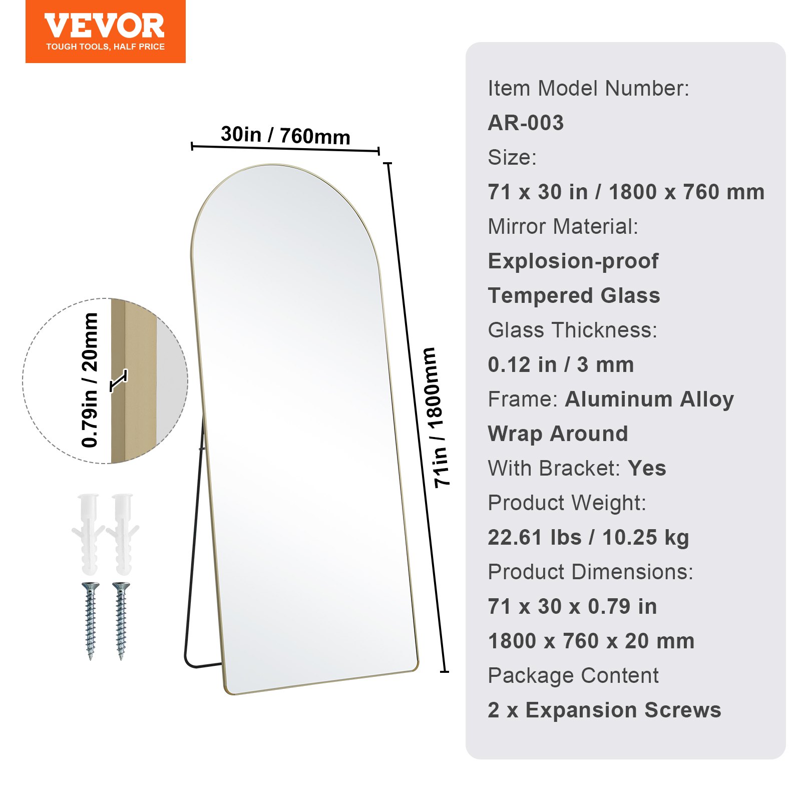 VEVOR Arched Full Length Mirror, 71'' x 30'', Large Free Standing Leaning Hanging Wall Mounted Floor Mirror with Stand Aluminum Alloy Frame, Full Body Dressing Mirror for Living Room Bedroom, Black