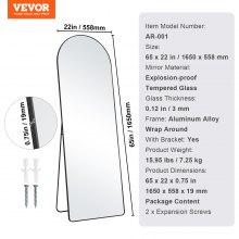 VEVOR Arched Full Length Mirror, 65'' x 22'', Large Free Standing Leaning Hanging Wall Mounted Floor Mirror with Stand Aluminum Alloy Frame, Full Body Dressing Mirror for Living Room Bedroom, Black