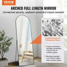 VEVOR Espejo arqueado de longitud completa, 65 x 22 pulgadas, gran espejo de suelo inclinado para colgar en la pared con soporte, marco de aleación de aluminio, espejo de tocador de cuerpo completo para sala de estar, dormitorio, negro