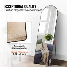 VEVOR Espejo arqueado de longitud completa, 65 x 22 pulgadas, gran espejo de suelo inclinado para colgar en la pared con soporte, marco de aleación de aluminio, espejo de tocador de cuerpo completo para sala de estar, dormitorio, negro