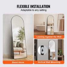VEVOR Arched Full Length Mirror, 1650 x 558 mm, Large Free Standing Leaning Hanging Wall Mounted Floor Mirror with Stand Aluminum Alloy Frame, Full Body Dressing Mirror for Living Room Bedroom, Black， 65'' x 22''
