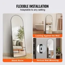 VEVOR Espejo arqueado de longitud completa, 65 x 22 pulgadas, gran espejo de suelo inclinado para colgar en la pared con soporte, marco de aleación de aluminio, espejo de tocador de cuerpo completo para sala de estar, dormitorio, negro