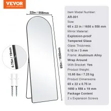 VEVOR Espejo arqueado de longitud completa, 65 x 22 pulgadas, gran espejo de suelo inclinado para colgar en la pared con soporte, marco de aleación de aluminio, espejo de tocador de cuerpo completo para sala de estar, dormitorio, negro