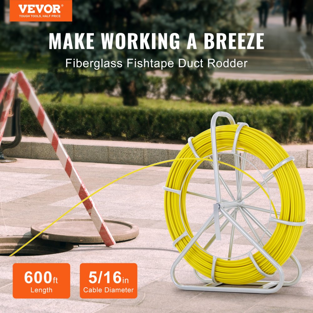 VEVOR VEVOR Fish Tape Fiberglass, 600 ft, 5/16 in, Duct Rodder Fishtape Wire  Puller, Cable Running Rod with Steel Reel Stand, 3 Pulling Heads, Fishing  Tools for Walls and Electrical Conduit, Non-Conductive