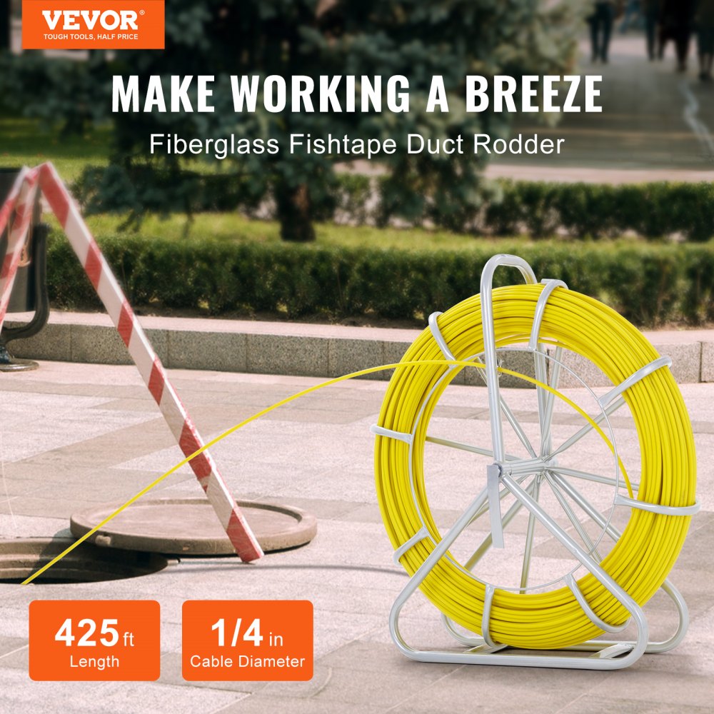 VEVOR VEVOR Fish Tape Fiberglass, 129.5 m, 6.35 mm, Duct Rodder Fishtape  Wire Puller, Cable Running Rod with Steel Reel Stand, 3 Pulling Heads,  Fishing Tools for Walls and Electrical Conduit, Non-Conductive