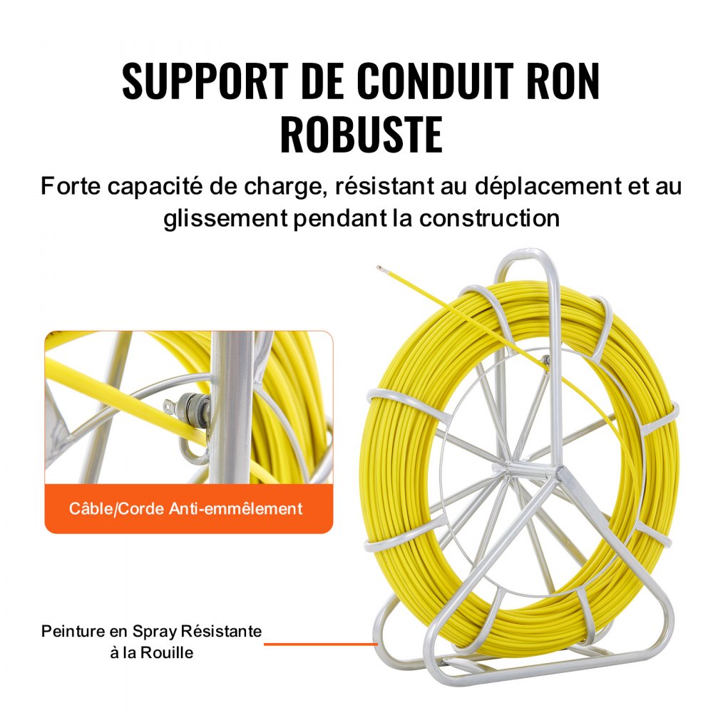 VEVOR Fish Tape Fiberglass, 129.5 m, 6.4 mm, Duct Rodder Fishtape Wire Puller, Cable Running Rod with Steel Reel Stand, 3 Pulling Heads, Fishing Tools for Walls and Electrical Conduit, Non-Conductive