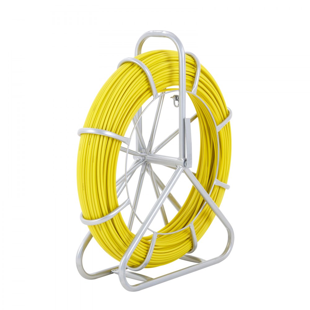 VEVOR Fish Tape Fiberglass, 129.5 m, 6.4 mm, Duct Rodder Fishtape Wire Puller, Cable Running Rod with Steel Reel Stand, 3 Pulling Heads, Fishing Tools for Walls and Electrical Conduit, Non-Conductive