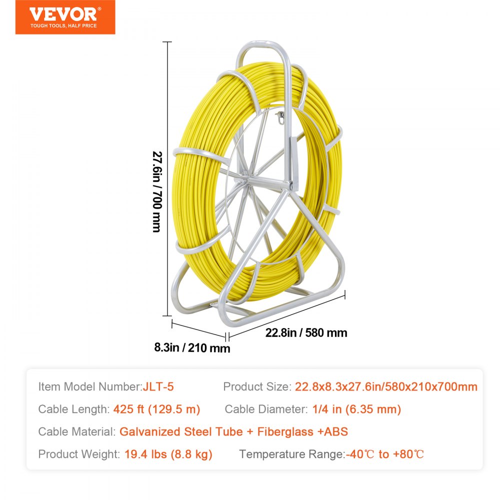 VEVOR Fish Tape Fiberglass, 129.5 m, 6.4 mm, Duct Rodder Fishtape Wire Puller, Cable Running Rod with Steel Reel Stand, 3 Pulling Heads, Fishing Tools for Walls and Electrical Conduit, Non-Conductive